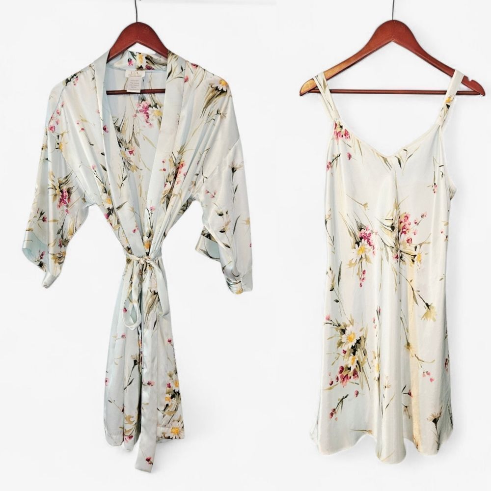 Vintage L.A. Intimates Floral Satin Slip Chemise & Matching Robe Dressing Gown M
